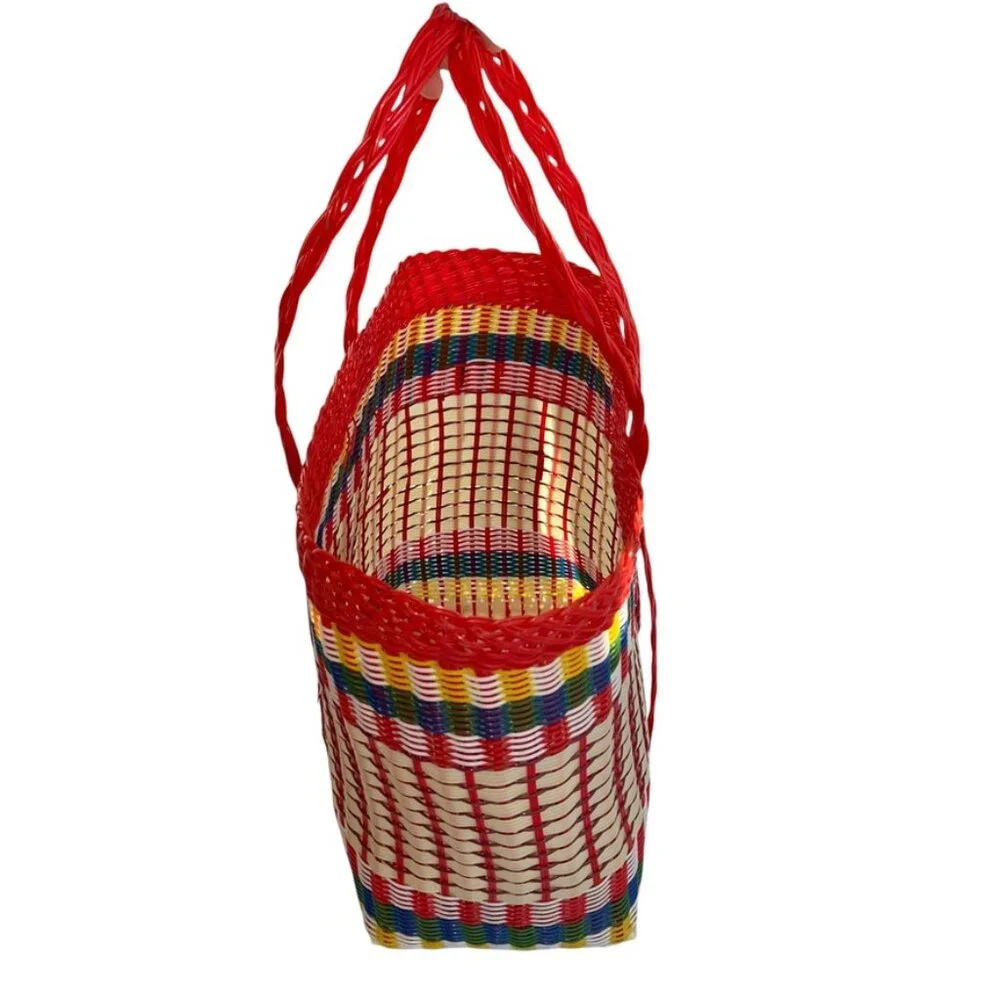 plastic woven tote bag red yellow green beach pool resort bag